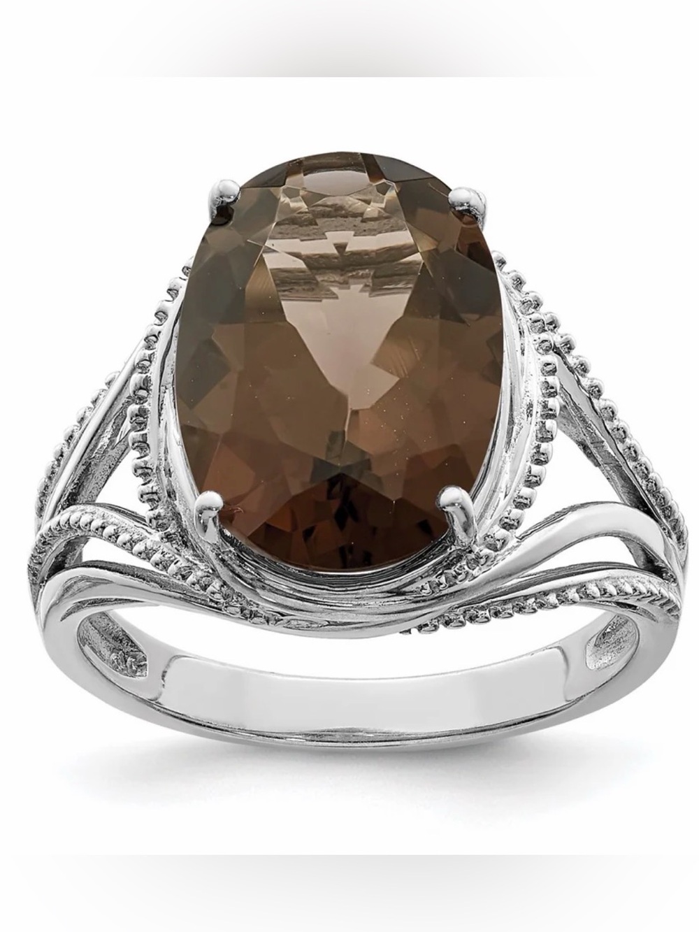 STERLING SILVER 925 FACETED SMOKEY QUARTZ BEAD DETAIL ON BAND SIZE 8